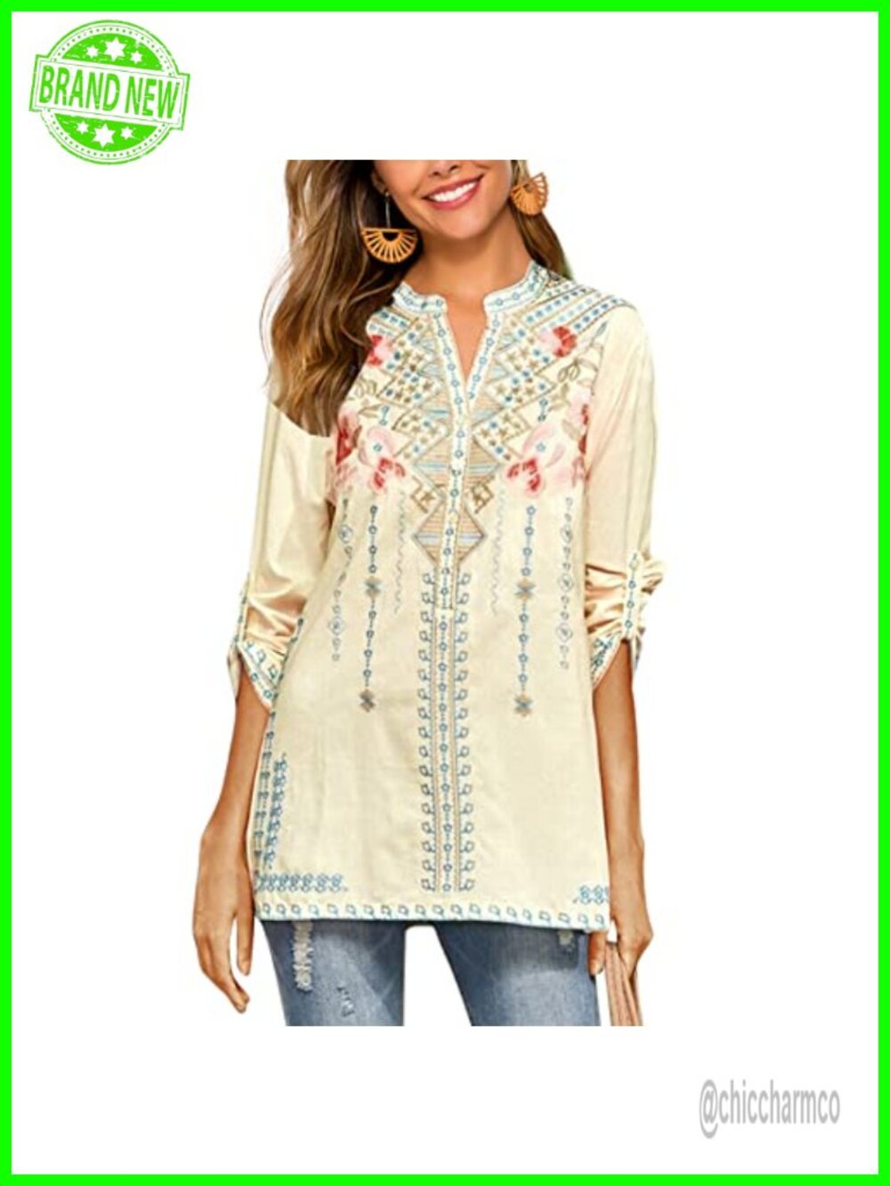 Embroidered Mexican Peasant Tunic Top V-Neck Cotton Rayon Loose Blouse